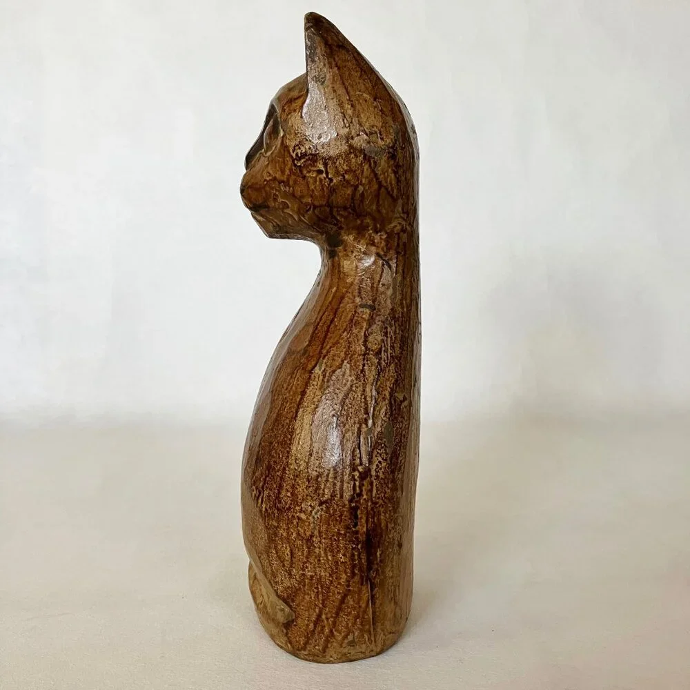 Wooden Kitty Cat Statue Figurine Brown Carved Wood Sitting Animal Sculpture Cute